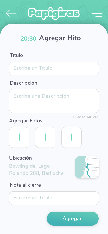 Pantalla para agregar un hito en Papigiras