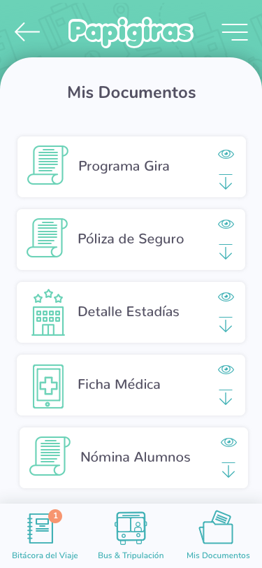 Pantalla Mis Documentos con programa de gira, póliza, estadías, ficha médica y nómina